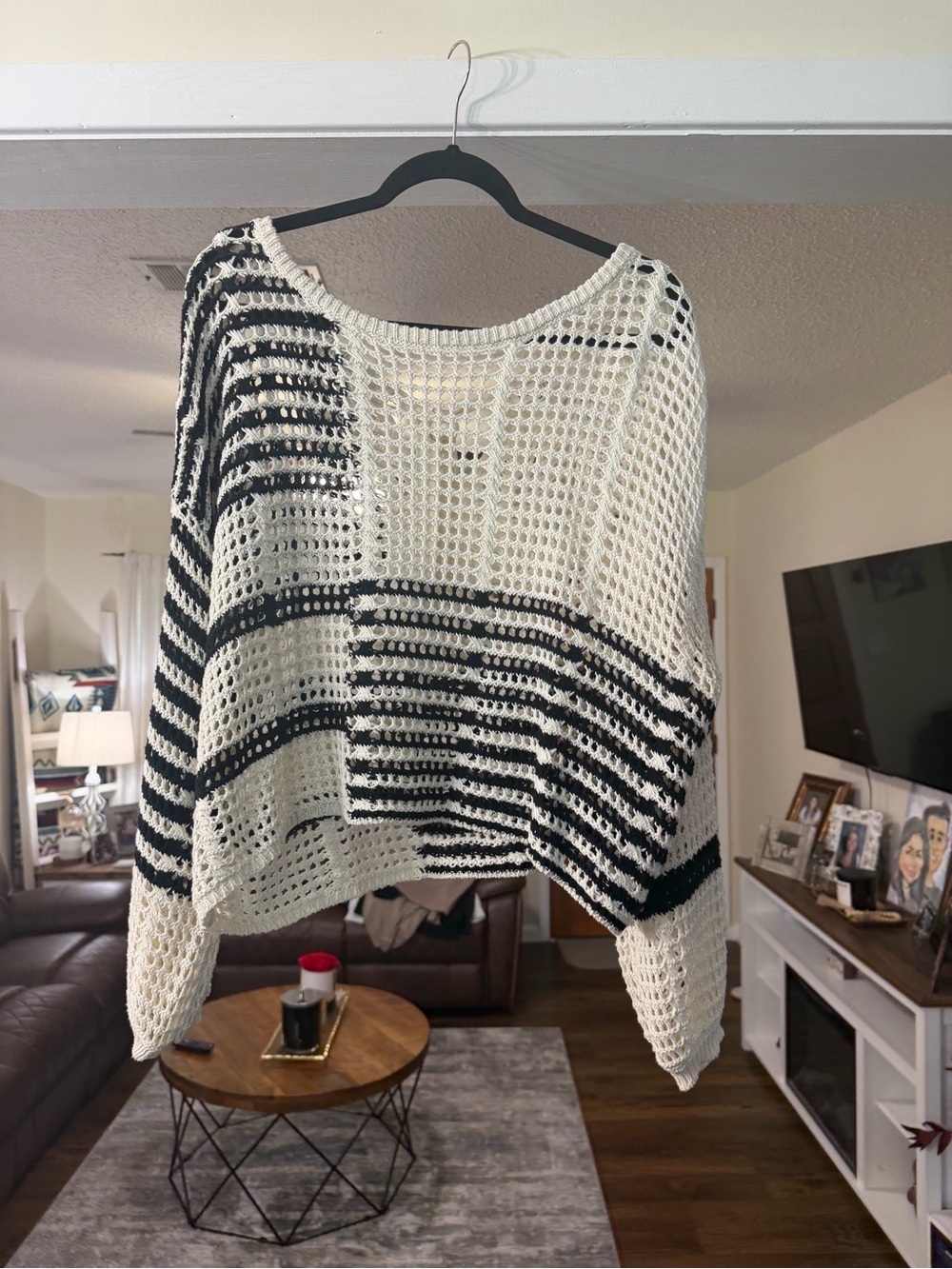 Blu Pepper Open-Knit Striped Crewneck Sweater in Cream & Black
